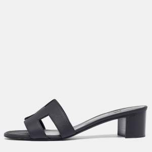 Pre Owned Hermes Black Leather Oasis Slide Sandals Size 38.5