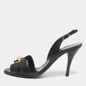 Hermes Black Leather Studded Night Slingback Sandals Size 36
