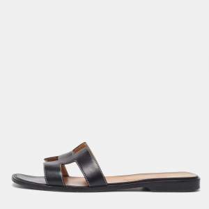 Hermes Black Leather Oran Flat Slides Size 41.5