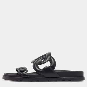 Hermes Black Leather Extra Slides Size 37