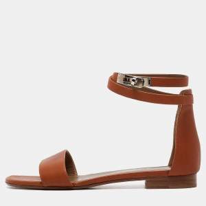 Hermes Brown Leather Manege Ankle Strap Flat Sandals Size 39