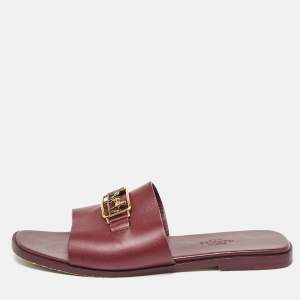 Hermes Burgundy Leather Villa Flat Slides Size 38