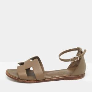 Hermes Green Leather Santorini Ankle Strap Flat Sandals Size 37