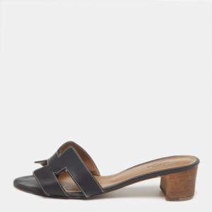 Hermes Black Leather Oasis Slide Sandals Size 38