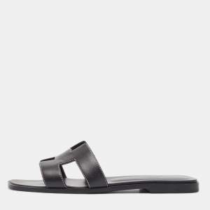 Pre Owned Hermes Black Leather Oran Flat Slides Size 39