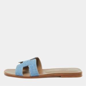 Hermes Blue Denim Oran Flat Slides Size 41.5