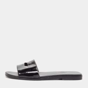 Hermes Black Patent Leather View Flat Slides Size 37