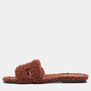 Hermès Brown Shearling Fur Oran Flat Slides Size 39.5