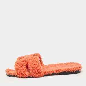 Hermes Orange Shearling Fur Oran Flat Slides Size 37