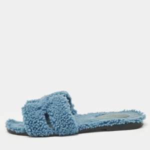 Hermes Blue Shearling Fur Oran Flat Slides Size 37