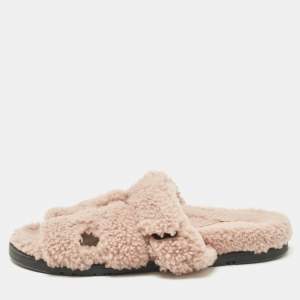 Hermes Beige Fur Chypre Flat Sandals Size 38.5