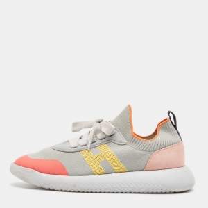 Pre Owned Hermes Multicolor Suede and Fabric Crew Lace Up Sneakers Size 38