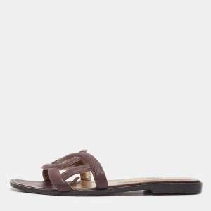 Hermes Burgundy Leather Omaha Flat Slides Size 39