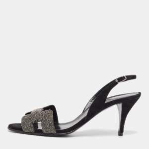مملوكة مسبقًا Hermes Black Suede Night Slingback Sandals Size 37.5