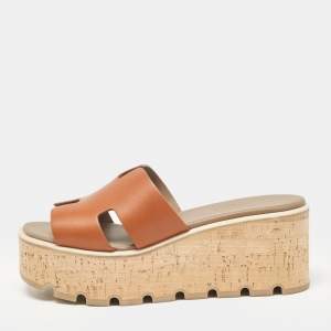 Hermes Brown Leather Eze Platform Sandals Size 37