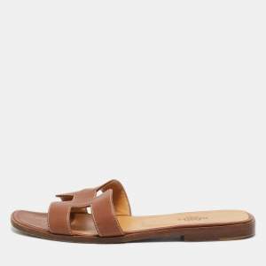 Hermes Brown Leather Oran Flat Slides Size 37.5