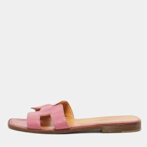 Hermes Pink Leather Oran Flat Slides Size 37