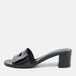 Hermes Black Patent Leather View Slide Sandals Size 37.5