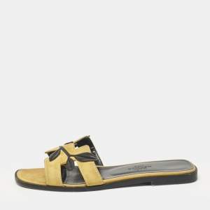 Hermes Yellow Leather and Suede Oran Flat Slides Size 35.5