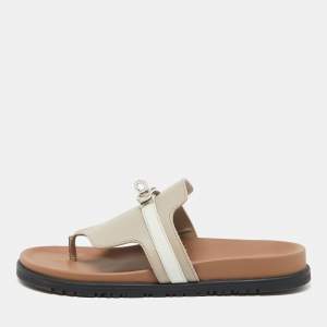 Hermes Beige/White Leather Empire Flat Sandals Size 40