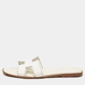 Hermes White Leather Oran Flat Slides Size 37.5