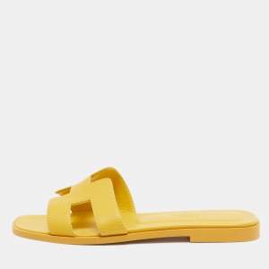 Hermes Yellow Leather Oran Flat Slides Size 36