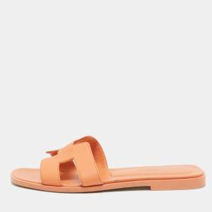 Hermes Light Orange Leather Oran Flat Slides Size 36.5