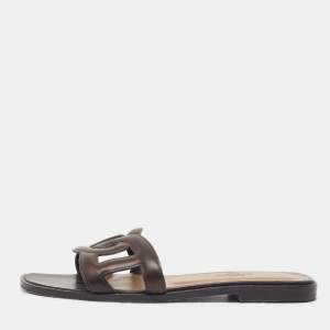 Hermes Brown Leather Aloha Flat Slides Size 36