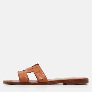 Hermes Brown Ostrich Leather Oran Flat Slides Size 37.5