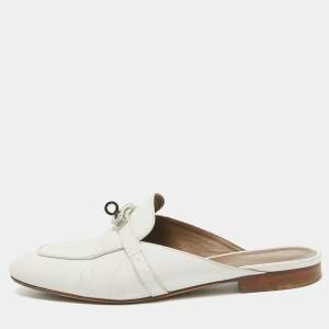 Hermes White Leather Oz Mules Size 38.5