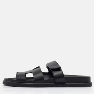 مملوكة مسبقًا Hermes Black Leather Chypre Flat Sandals Size 40