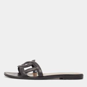 Hermes Black Leather Aloha Flat Sandals Size 41