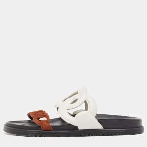 Hermes White/Brown Leather and Suede Extra Flat Sandals Size 38