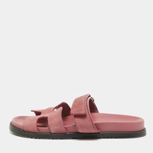 Pre Owned Hermes Pink Suede Chypre Flat Slides Size 38