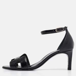 Hermes Black Patent Leather Premiere 70 Ankle Strap Sandals Size 37.5