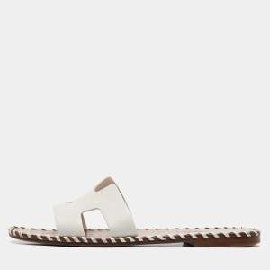 Hermes White Leather Oran Flat Slides Size 35