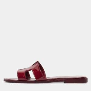 Hermes Burgundy Patent Leather Oran Flat Slides Size 36