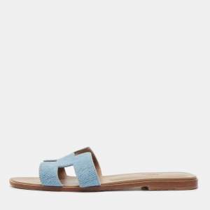 Pre Owned Hermes Blue Denim Oran Flat Slides Size 40.5