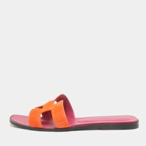 Hermes Orange Suede Oran Flat Slides Size 41.5