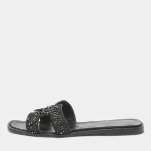 Hermes Black Beaded Suede Oran Flat Slides Size 38.5