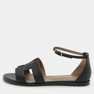 Hermes Black Leather Santorini Flat Sandals Size 39