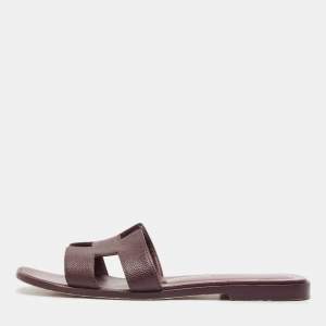 Hermes Burgundy Leather Oran Flat Slides Size 37