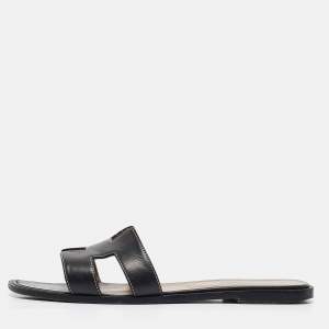 Hermes Black Leather Oran Flat Slides Size 40.5