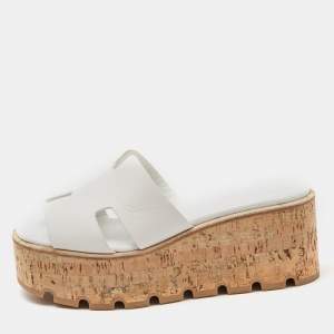مملوكة مسبقًا Hermes White Leather Eze Wedge Sandals Size 36