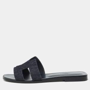 Hermes Navy Blue Denim Oran Flat Sandals Size 39