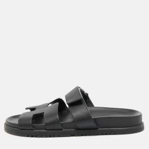 Hermes Black Leather Chypre Flat Sandals Size 39