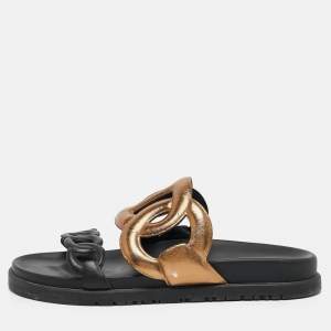 Hermes Black/Gold Leather Extra Sandals Size 36