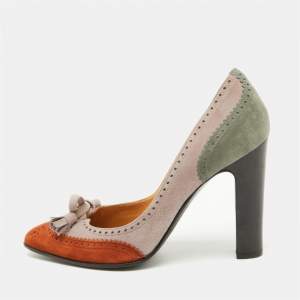 Hermes Multicolor Suede Brogue Bow Accents Pumps Size 37.5