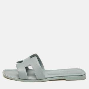Hermes Grey Leather Oran Flat Slides Size 38