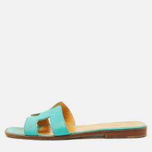 Hermes Turquoise Blue Leather Oran Flat Slide Sandals Size 40